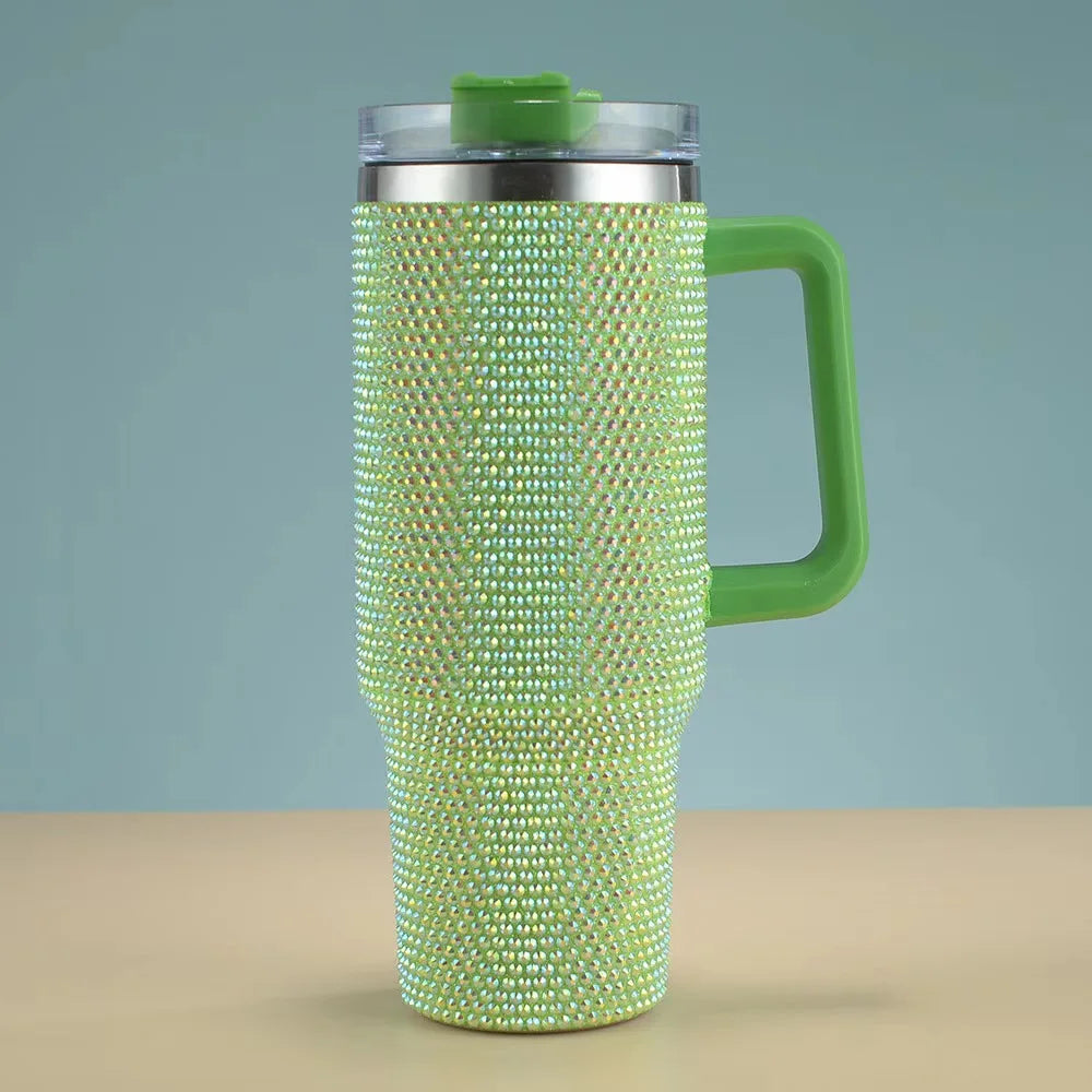 Diamond studded 40oz car cup vacuum 304 stainless steel insulated cup portable with straw large capacity ice cream cup