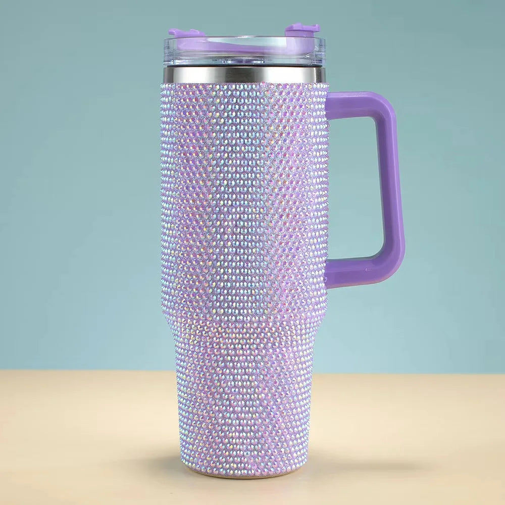 Diamond studded 40oz car cup vacuum 304 stainless steel insulated cup portable with straw large capacity ice cream cup