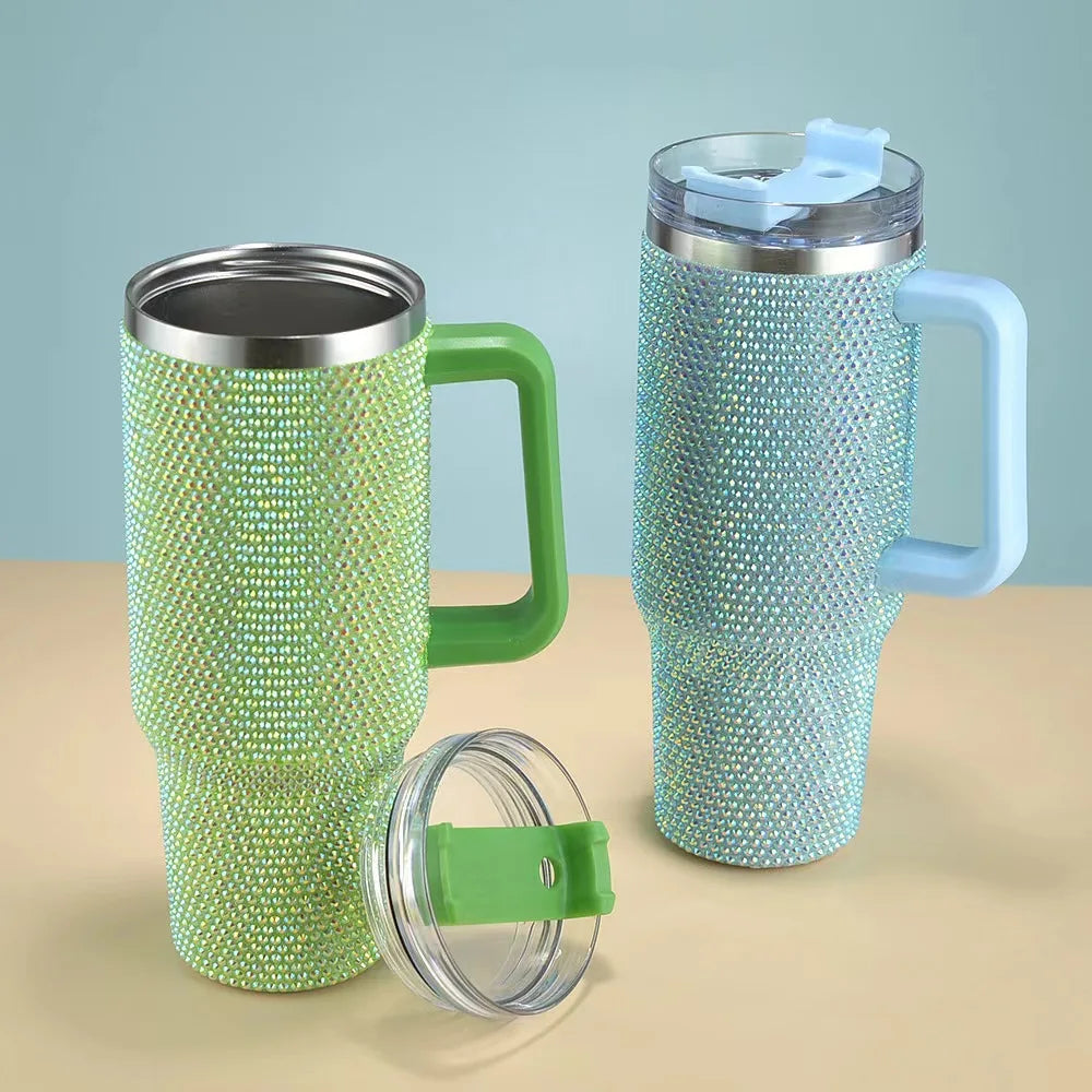 Diamond studded 40oz car cup vacuum 304 stainless steel insulated cup portable with straw large capacity ice cream cup