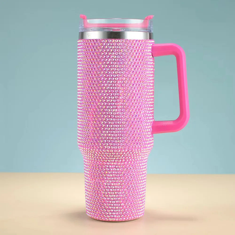 Diamond studded 40oz car cup vacuum 304 stainless steel insulated cup portable with straw large capacity ice cream cup