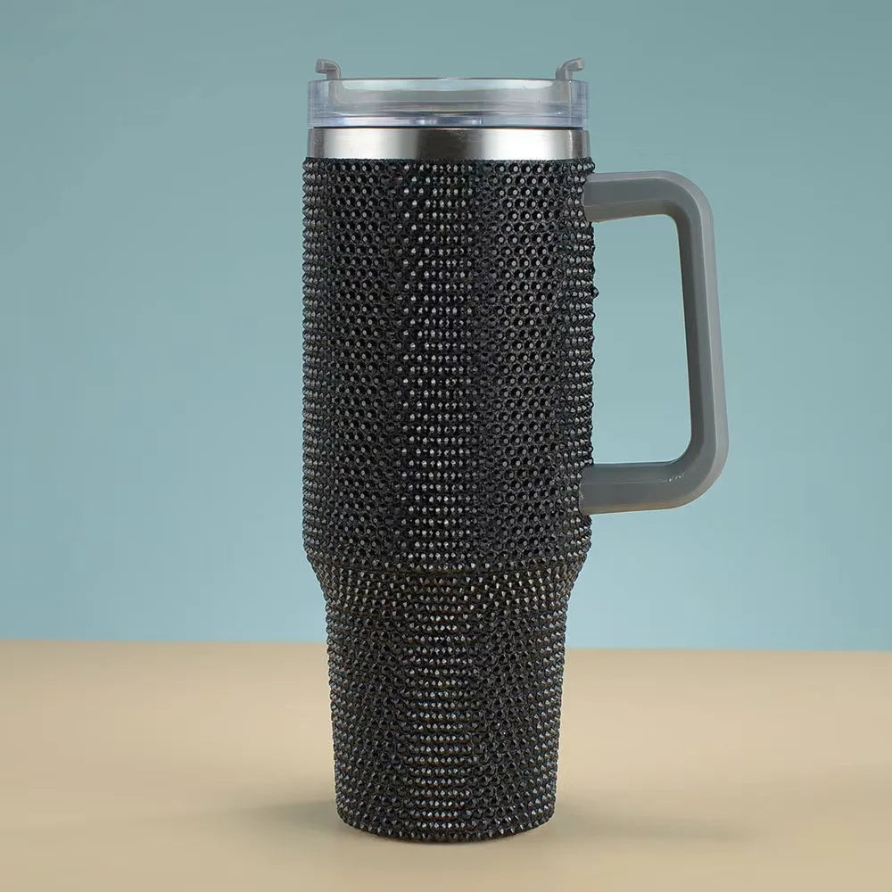 Diamond studded 40oz car cup vacuum 304 stainless steel insulated cup portable with straw large capacity ice cream cup