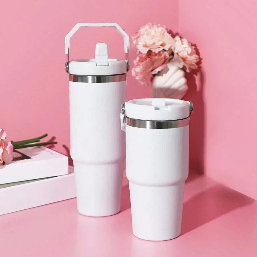 1pc Vacuum Tumbler with Lid Stainless Steel Portable Water Bottle with Dazzling Handle Insulated Tumbler Tote Handle 20/30OZ